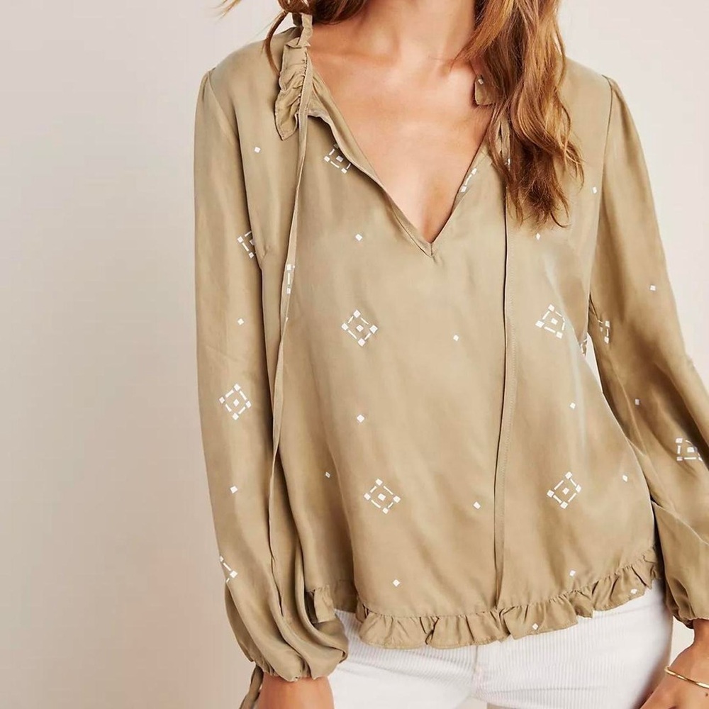 Anthropologie Women's Khaki and Green Blouse Size XS